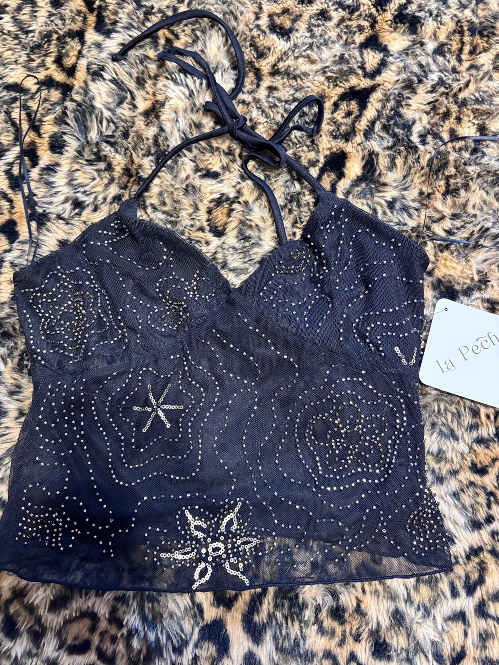 Black Sequin Halter Crop Top